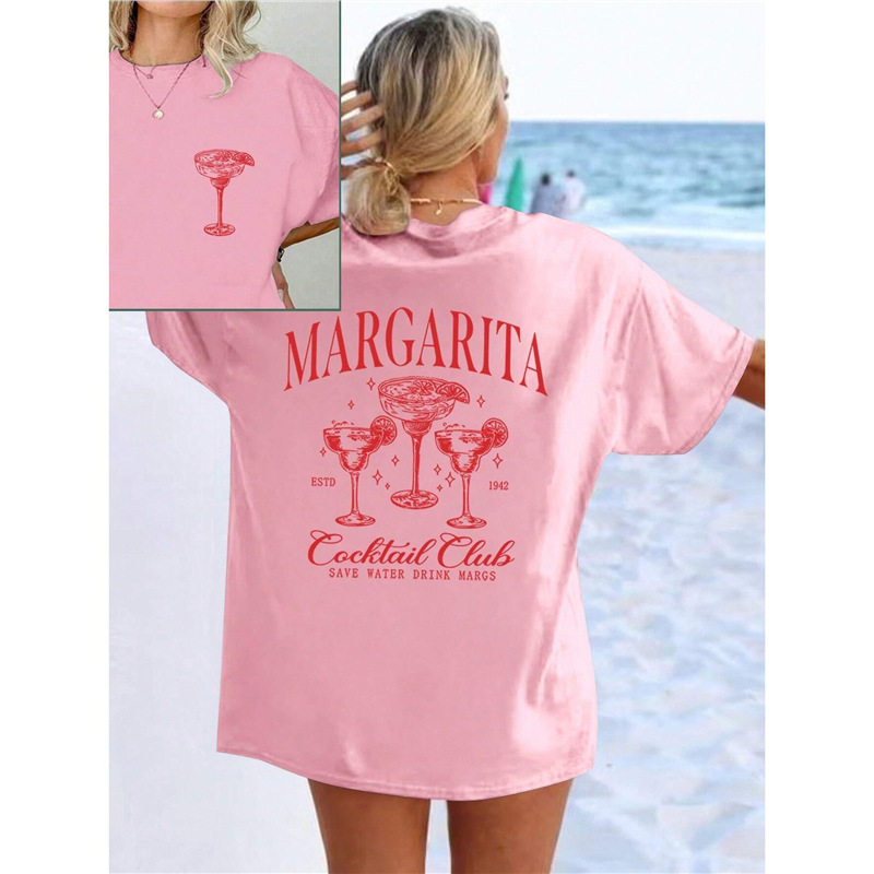Cross-border bestseller European-style retro alcohol cocktail Fun Cotton Tini TT T-shirt Loose cotton Lady Specification drawing
