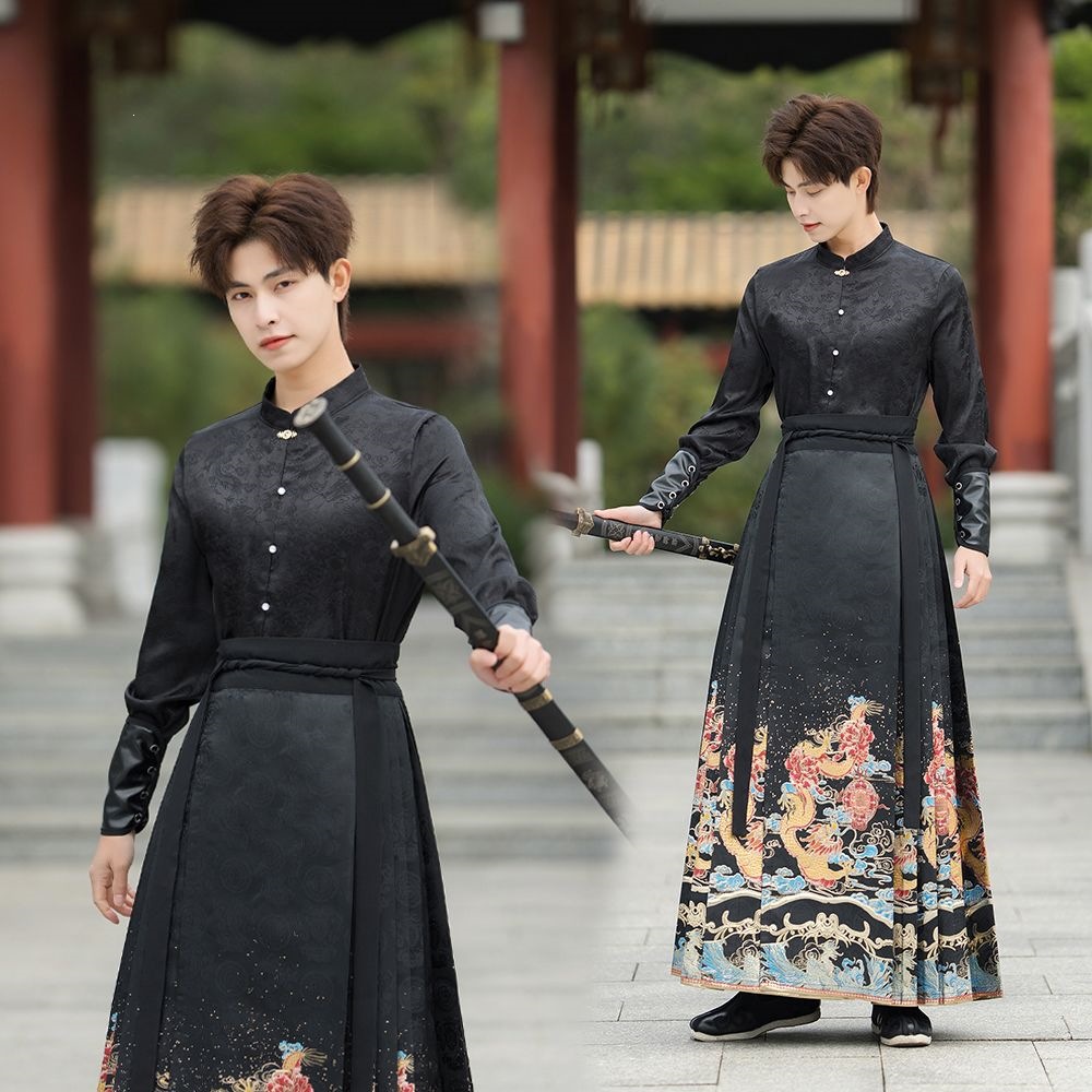 A large-sized traditional Hanfu men's adult student class uniform with a Chinese trend and ancient style, featuring a brocade horse face skirt set Specification image