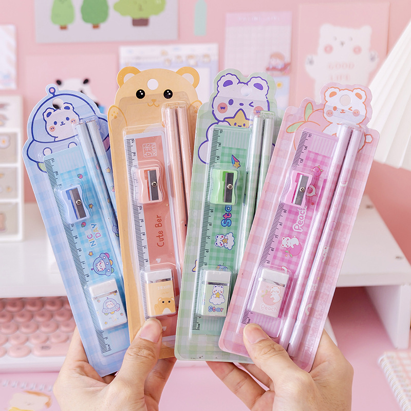 Festival gift cartoon stationery set, student pencil set, original new five-piece set, eraser pencil sharpener Specification image