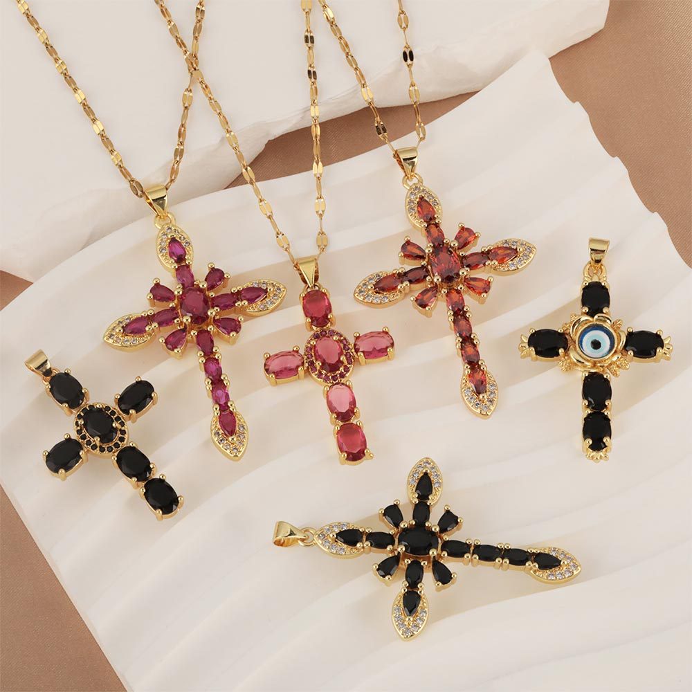 Cross-border Honglu copper micro-inlaid zircon European and American colored cross pendant, versatile and elegant lip chain wholesale Specification drawing