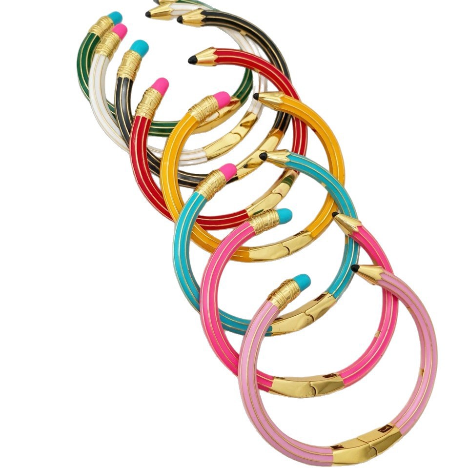 Cross-border new product pencil eraser ring bracelet set, personalized, creative and fashionable style, with a patchwork enamel color opening Item Picture