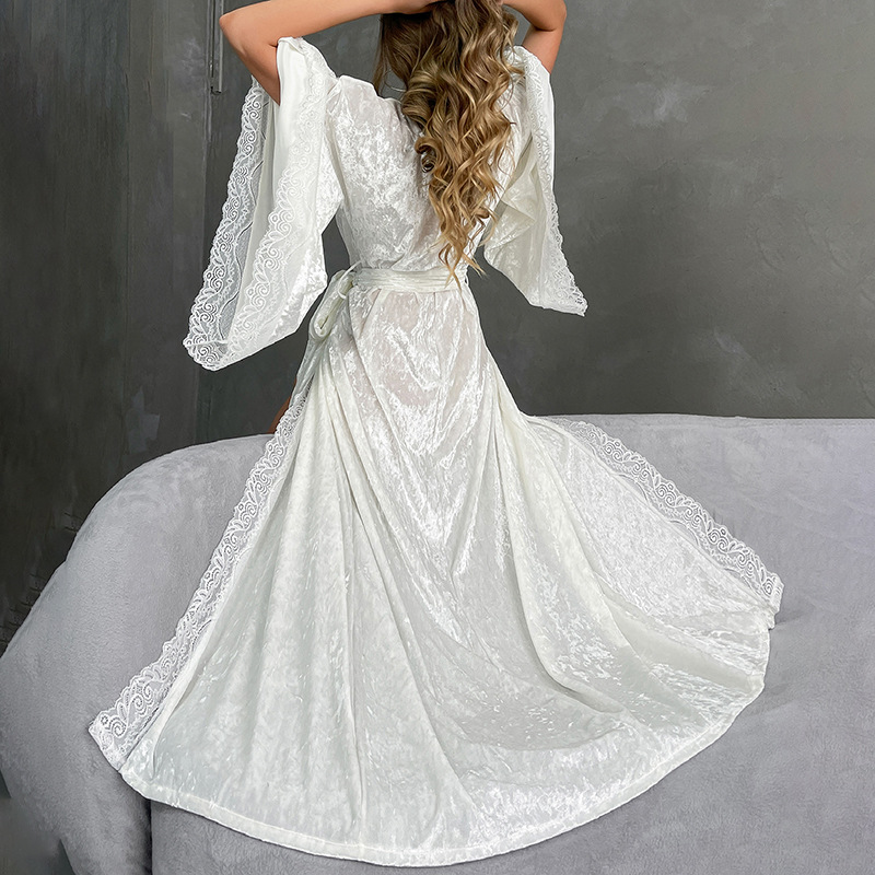 Cross-border long velvet lace patchwork bathrobe for autumn and winter, sexy flared sleeves with lace-up, large-sized home wear 623 Specification image