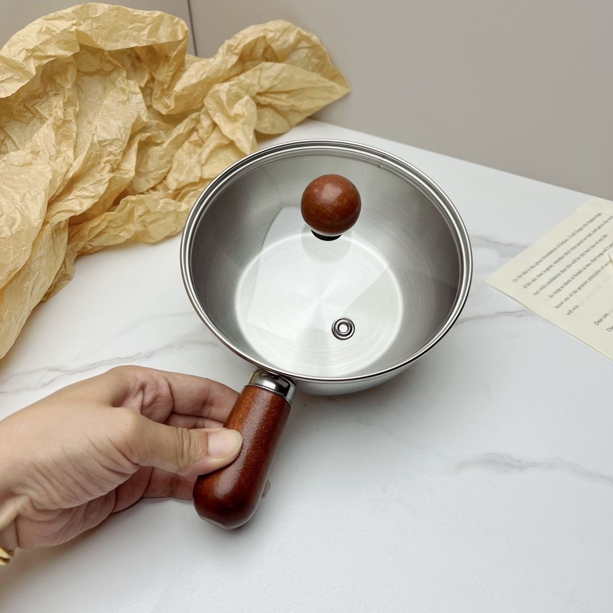 Thickened stainless steel small pot, multi-functional cooking sauce dish bowl, anti-scald wooden handle small bowl, milk and complementary food small pot