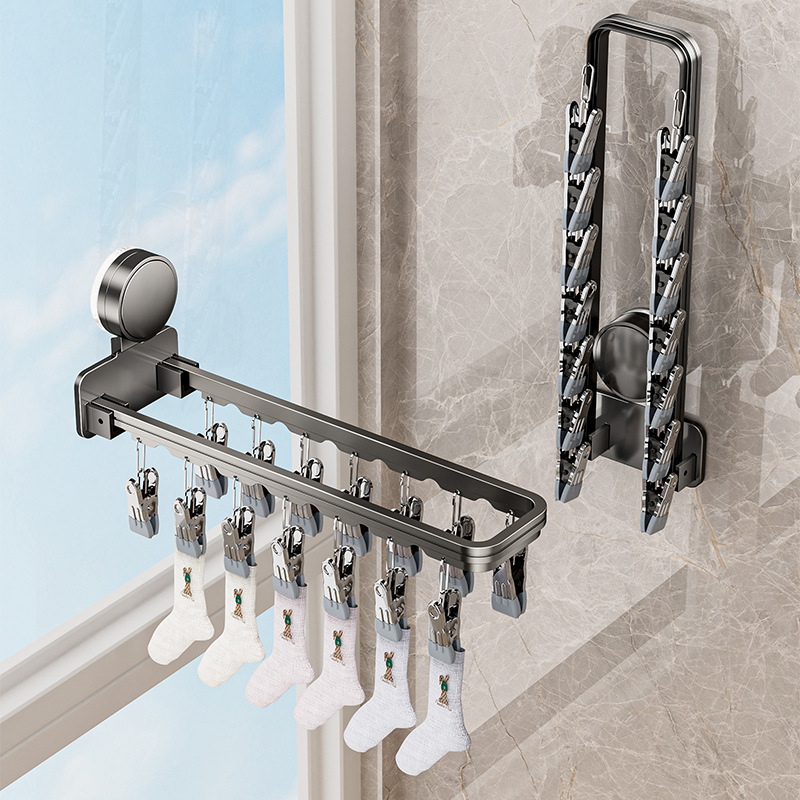 Folding suction cup clothes drying rack, multi-clip, home balcony, no need for drilling, wall-mounted underwear, pants and socks clips, drying rack magic tool