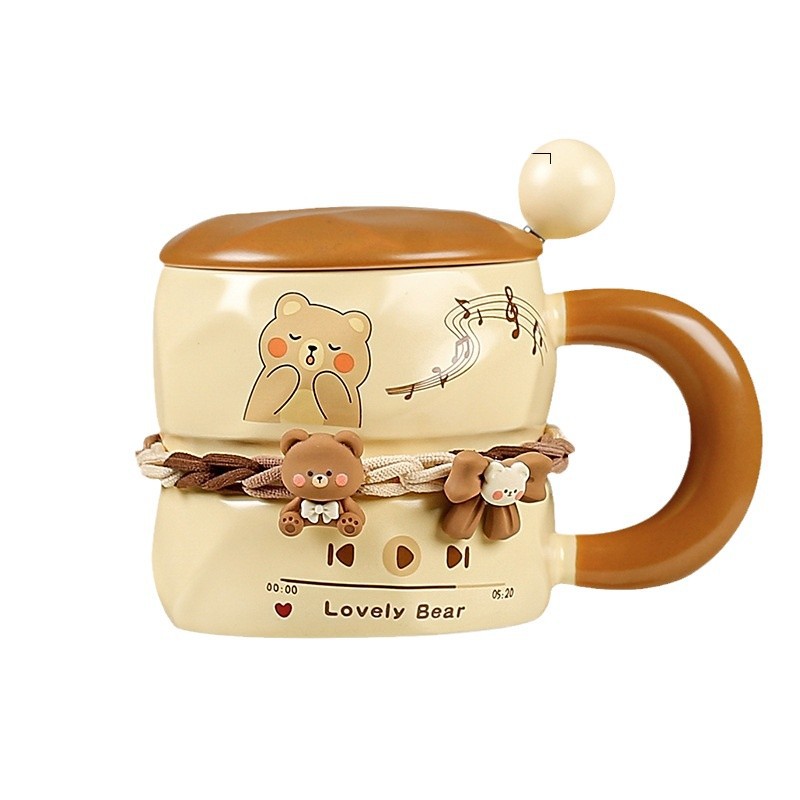 Creative cartoon bear mug, ceramic, high personality, high appearance level, souvenir, drinking cup with lid, spoon, coffee cup DIY Item Picture