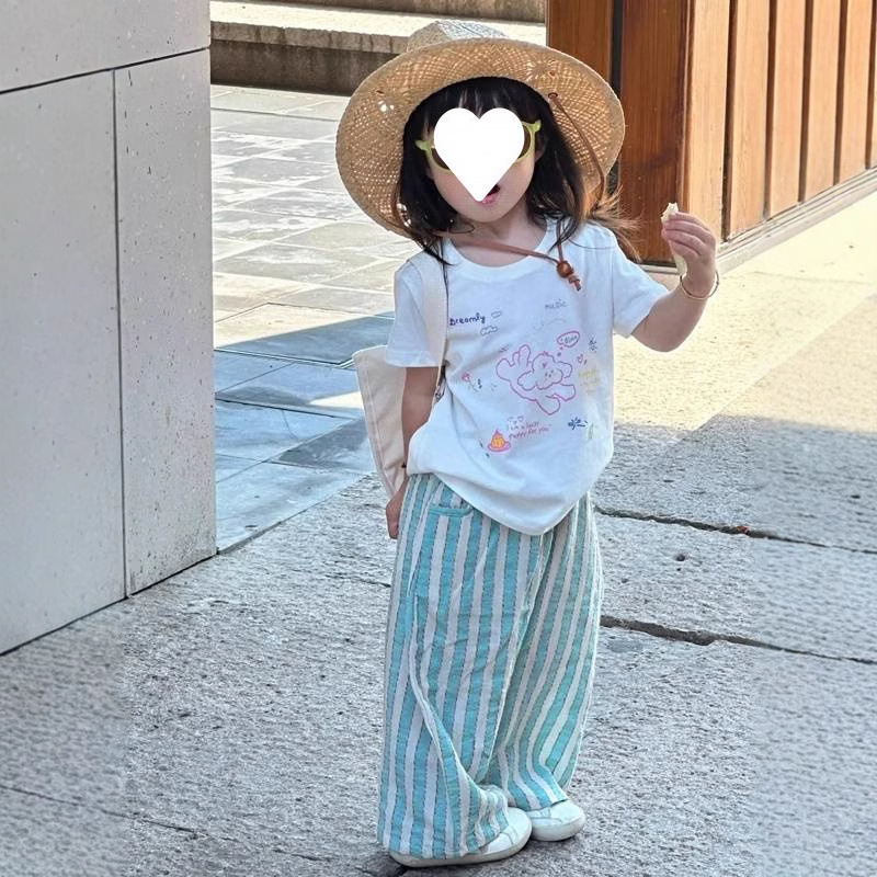 童装儿童套装夏季男女童卡通短袖T恤上衣条纹防蚊裤两件套薄Z034