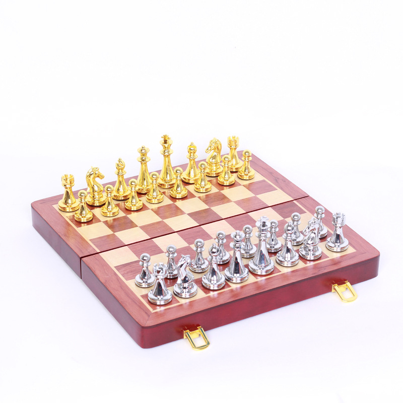 Metal chess set folding chessboard for beginners, adults and children, large bronze chess pieces, educational and portable details Picture