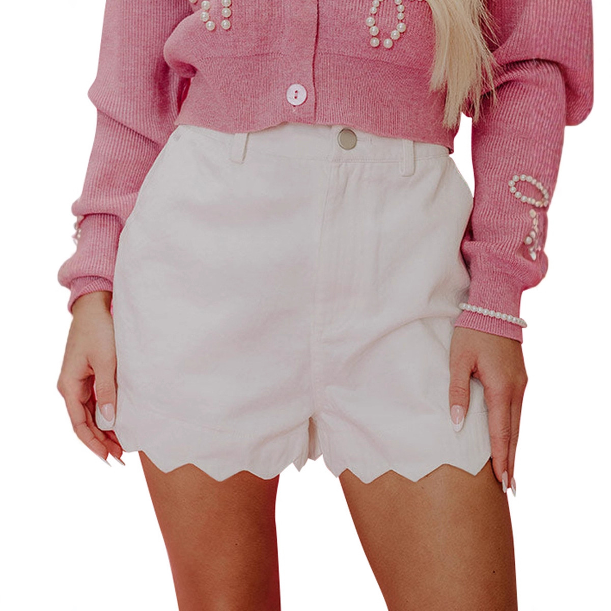 European and American fashion wavy hem jeans for women 2025 summer new solid color versatile pocket high-waisted shorts for women Item Picture