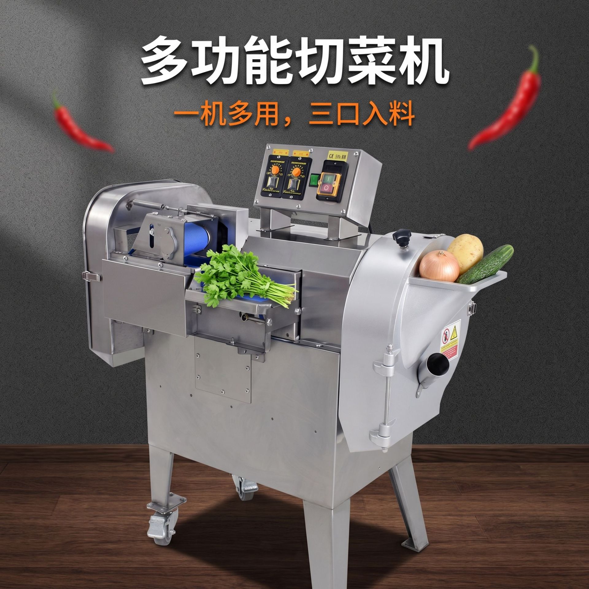 Commercial double-head multi-functional vegetable cutter, a fully automatic processing equipment for slicing, shredding and dicing stainless steel fruits and vegetables in canteens