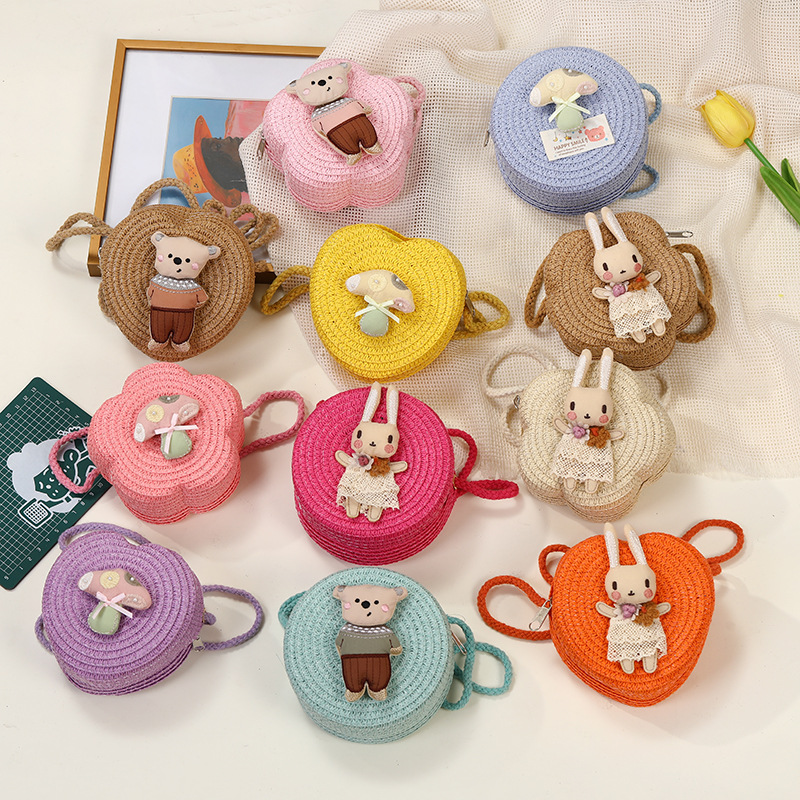 Niños dibujos animados conejo hierba tejida mochila pequeña niña bebé salir bolsa crossbody niños al aire libre viaje cero billetera details Picture