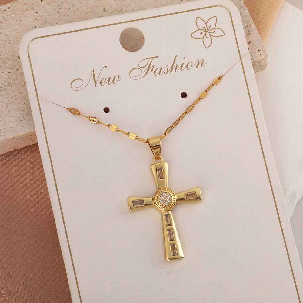 A popular retro cross necklace for men and women in Europe and America, a fashionable copper-plated real gold slightly inlaid zircon pendant accessory details Picture