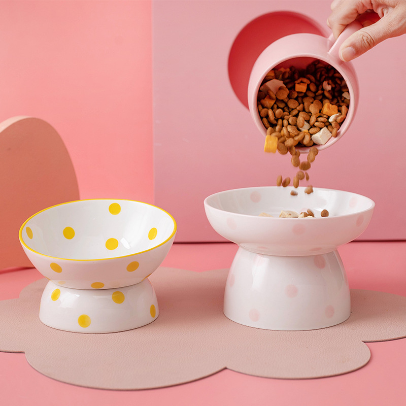 Customized Hepburn-style polka dot cat bowl, ceramic high-legged spine protection pet bowl, slanted cat basin, easy-to-clean ceramic food bowl Specification image