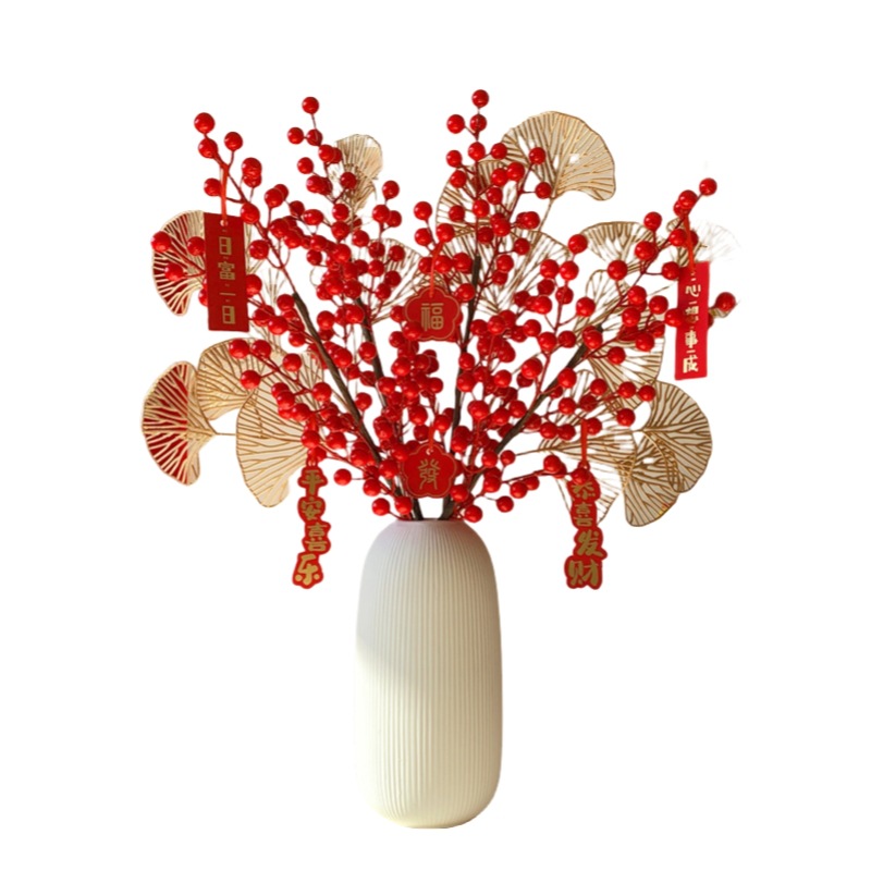 New Year flowers, New Year decorations, red fruits, prosperity fruits, artificial flowers, artificial bouquets, living room and dining table arrangements, housewarming ornaments Item Picture