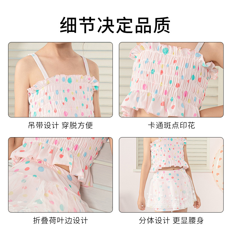 Playful and colorful polka dot halter mini swimsuit for big kids, girls, children's swimsuit, holding an apple background swimming ring decoration, NT $866803 Application Scenario