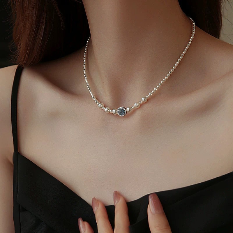 S925 sterling silver 12.18 aquamarine pearl necklace for women, French light luxury, niche design, simple and elegant, versatile and high-end Item Picture