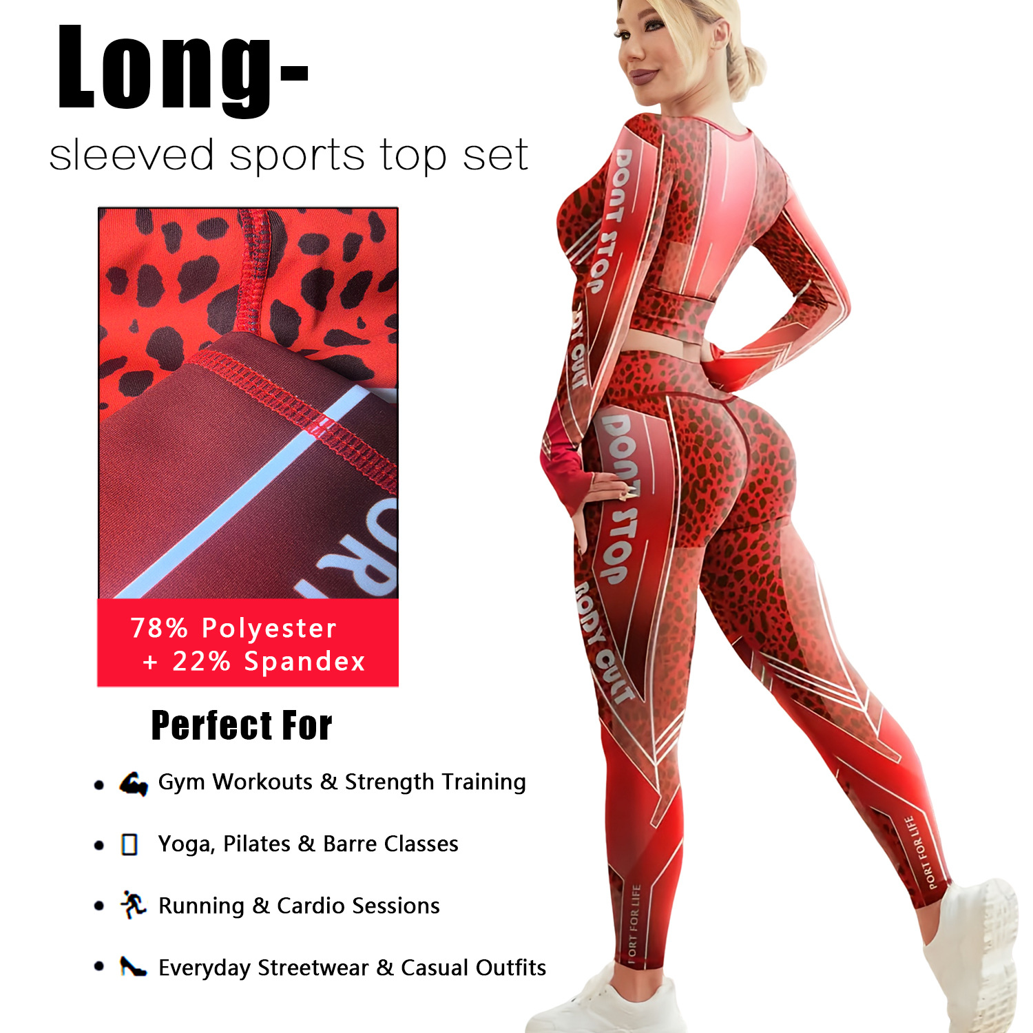 红色豹纹长袖运动套装男款速干运动服足球上衣