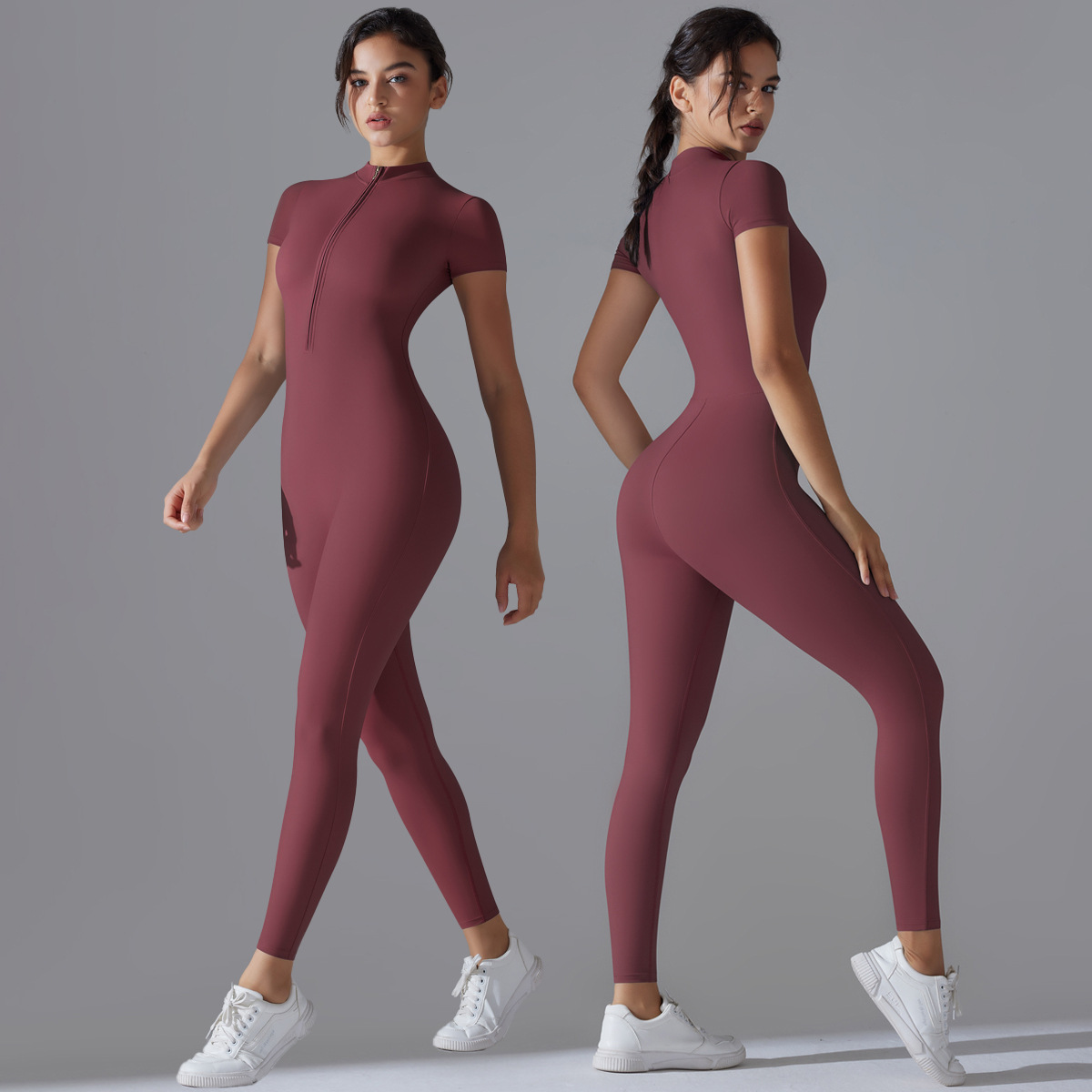 European and American nude zipper short-sleeved yoga suit one-piece suit, quick-drying breathable outdoor sports tight one-piece suit, fitness suit full figure