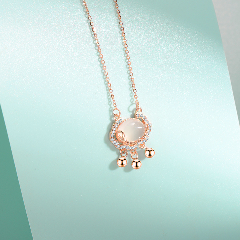 925 sterling silver Auspicious Cloud Ruyi Peace Lock Necklace, Women's Chinese-style chalcedony longevity Lock collarbone necklace, Shaking sound explosive details Picture