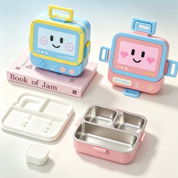 baby lunch box Cartoon robot Stainless steel children's compartments Lunch box Portable bento box details Picture
