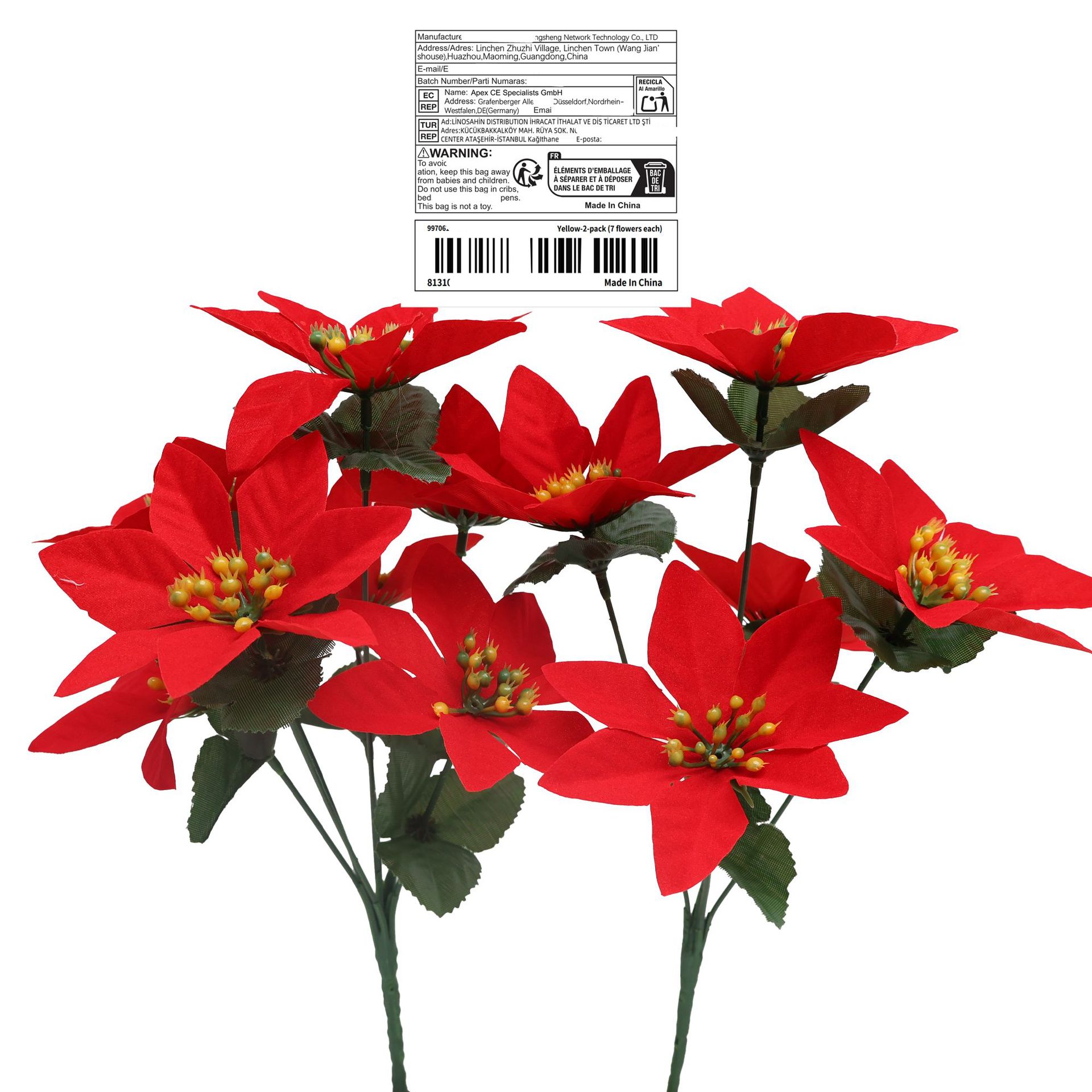Cross-border consignment of European label artificial flowers, artificial Christmas flowers, silk-screened leaves, 7-head pointinia bouquets, factory wholesale Specification image