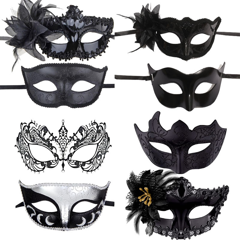 Eight Venetian masks decorated with black lace, feather, flower and metal. The black and white color combination is magnificent