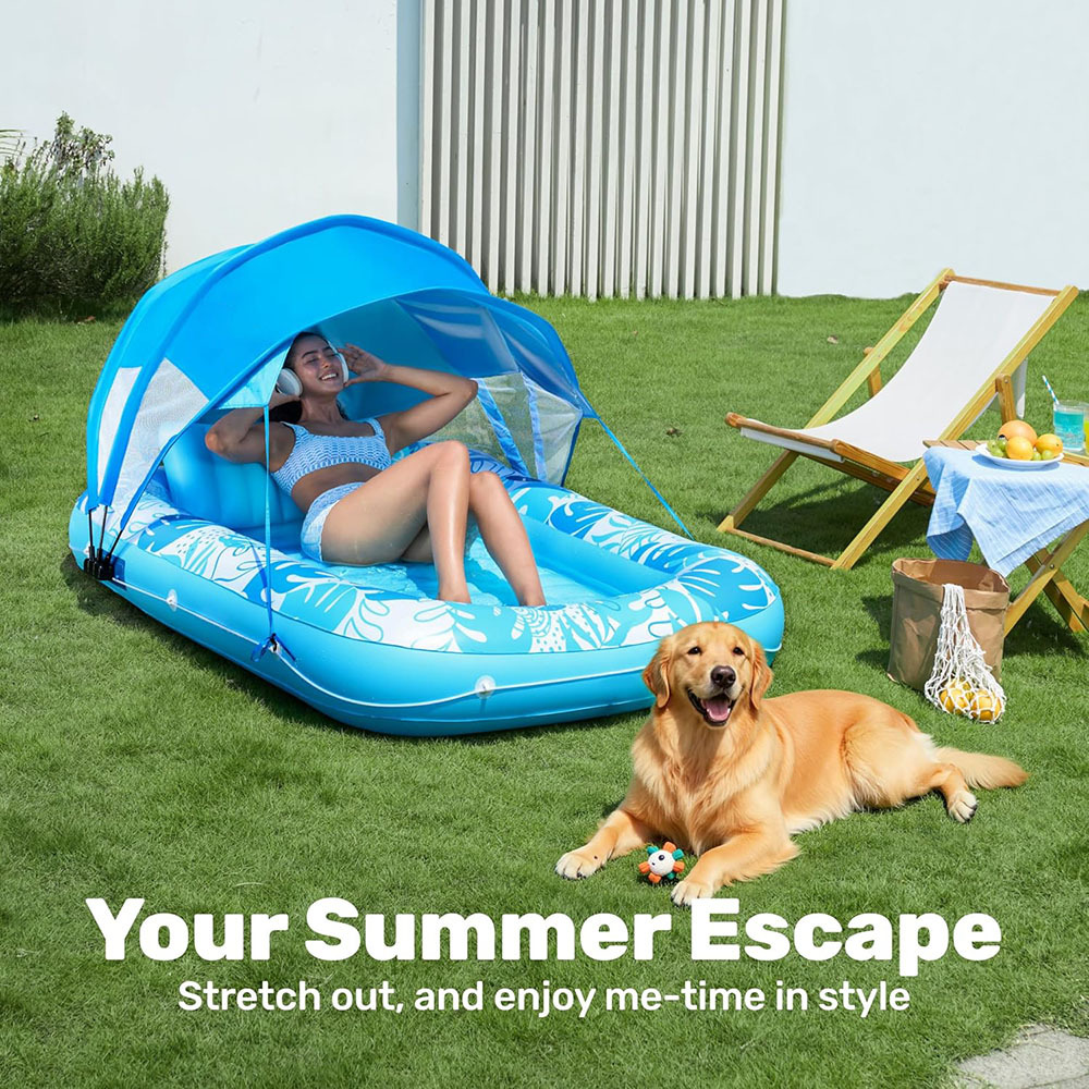 充气美黑水池阳光水池水上遮阳浮排充气躺椅户外日光浴晒黑池浮床细节图