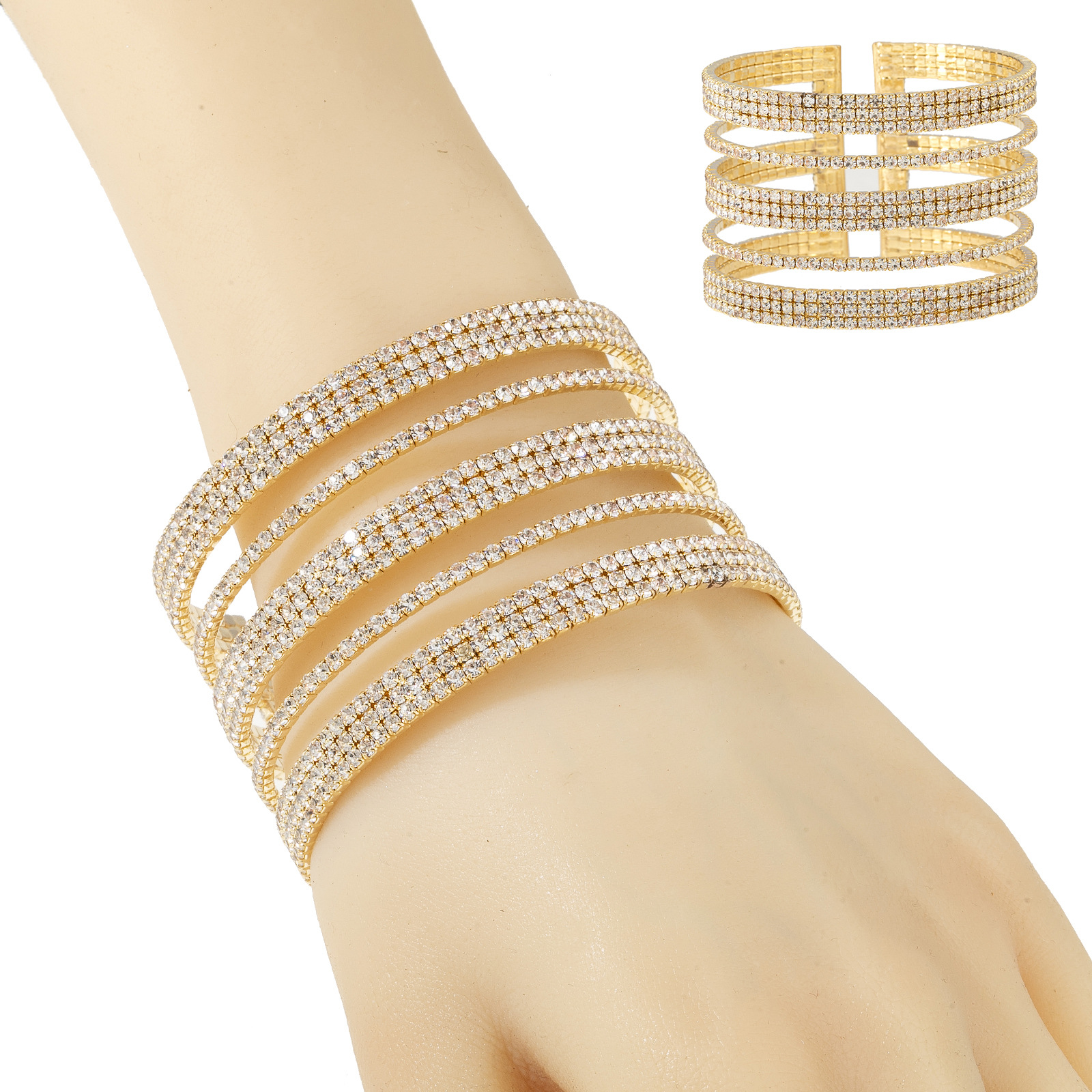 Factory wholesale claw chain jewelry, cross-border multi-row rhinestone steel wire elastic bracelet, trendy and exaggerated stage performance, full diamond opening adjustable bracelet jewelry full figure