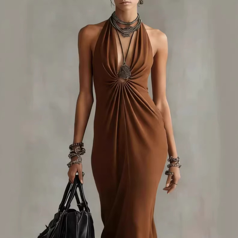 Aliexpress cross-border style halter European and American long dress, backless, slimming and sexy new style dress Specification drawing