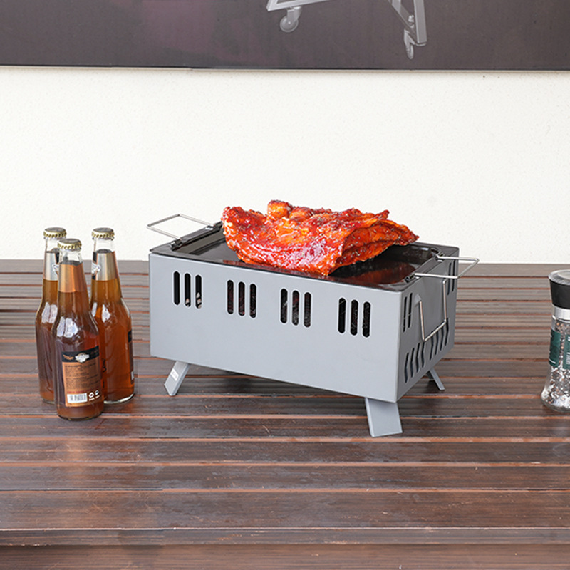 Outdoor portable barbecue grill with frying pan, dual-purpose for grilling and frying, table-top barbecue grill, square small grill, portable barbecue rack