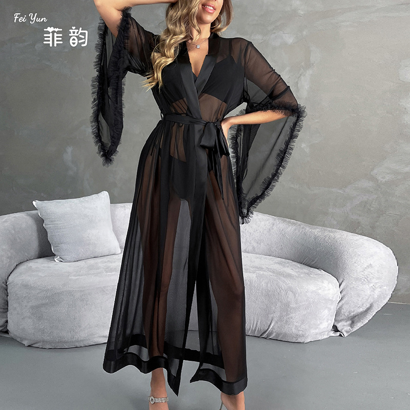 Cross-border European and American sexy mesh long bathrobe, loose and buttoned cuffs, sexy see-through pajamas, women's home wear 827 Application Scenario