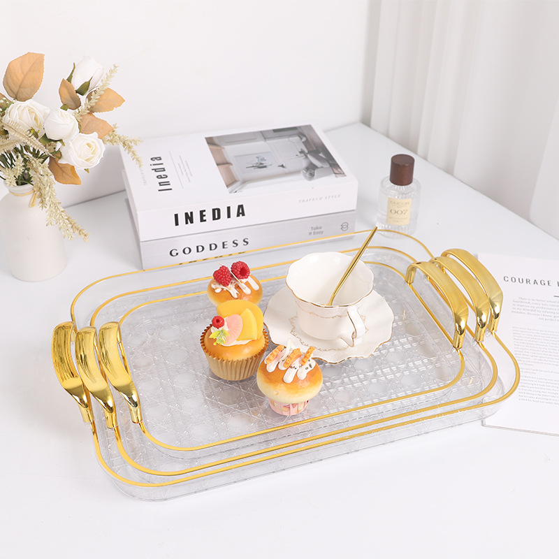 QiyuePET Light Luxury tray, water cup, plastic tea tray, transparent ins fruit tray, transparent gold edge storage tray