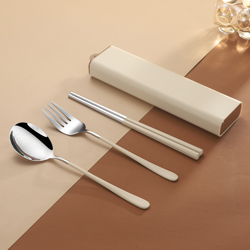 304不锈钢便携餐具带盒子勺叉筷三件套 学生旅行餐具外出餐具卡通