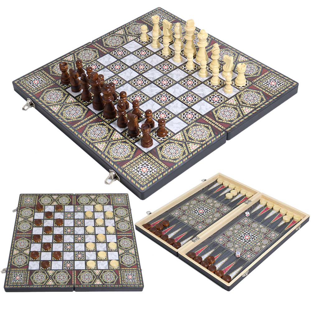 Wholesale of international chess casual entertainment chessboard with dark wooden patterns, three-in-one, high-end feel, portable folding, and for export