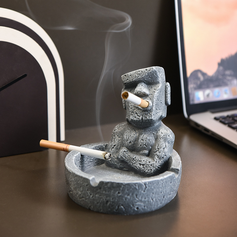创意个性搞怪摩艾石像烟灰缸家居客厅桌面轻奢高级感烟缸装饰摆件