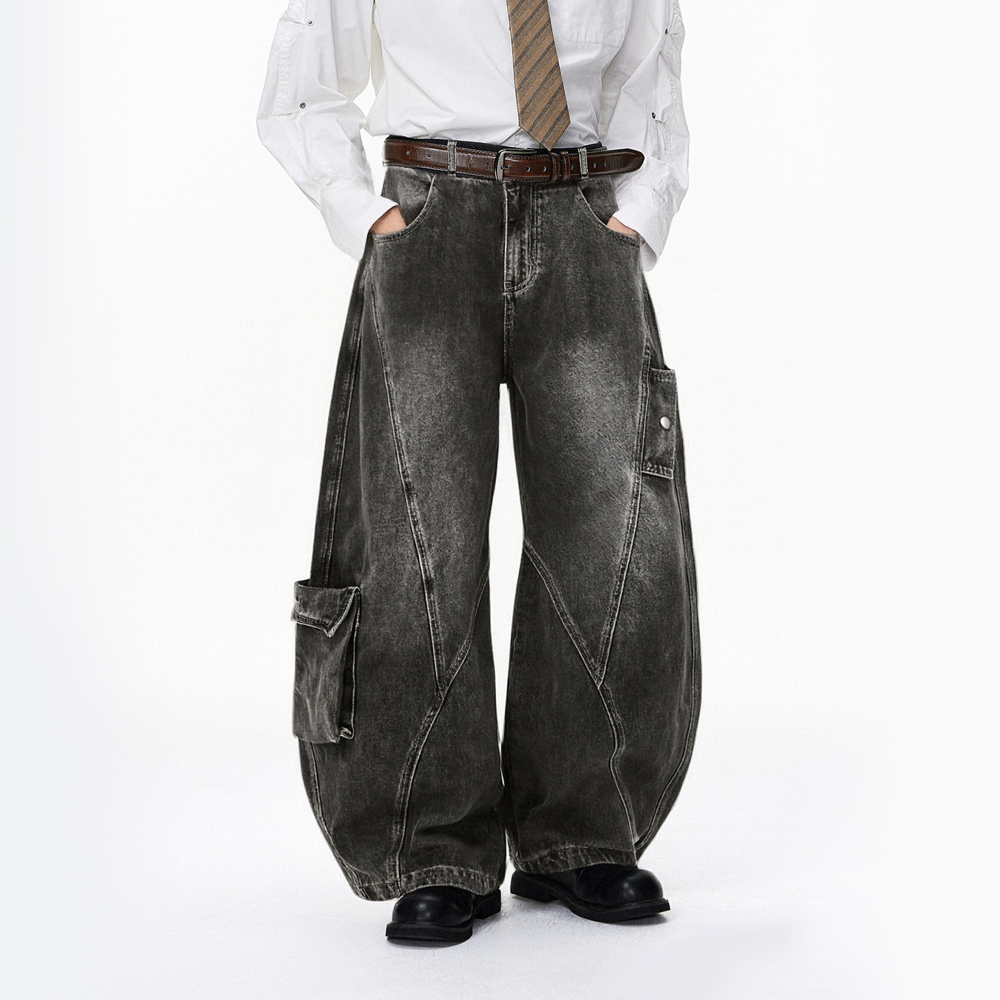 捷展男装|不规则剪裁洗水牛仔裤春秋季新款美式多口袋弯刀休闲裤