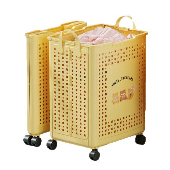New folding household wheeled trolley dirty clothes basket, bathroom balcony large-capacity dirty clothes frame, clothing storage basket Item Picture