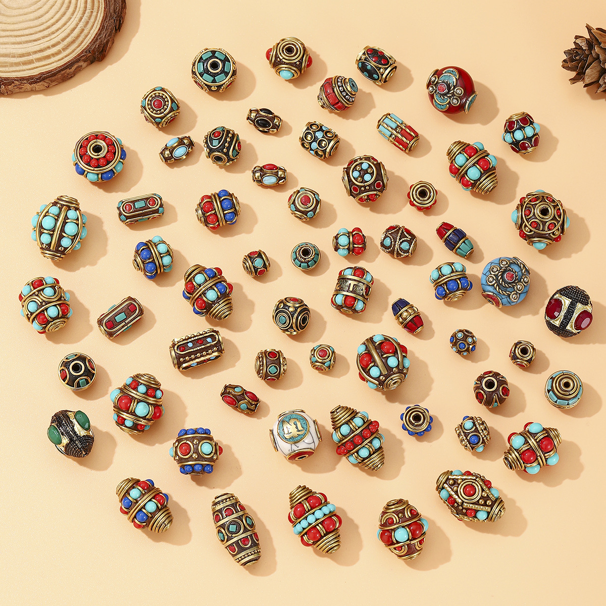 Tibetan-nepalese brass handcrafted beads, retro ethnic style DIY jewelry, with partition beads and bucket beads set with red and blue turquoise
