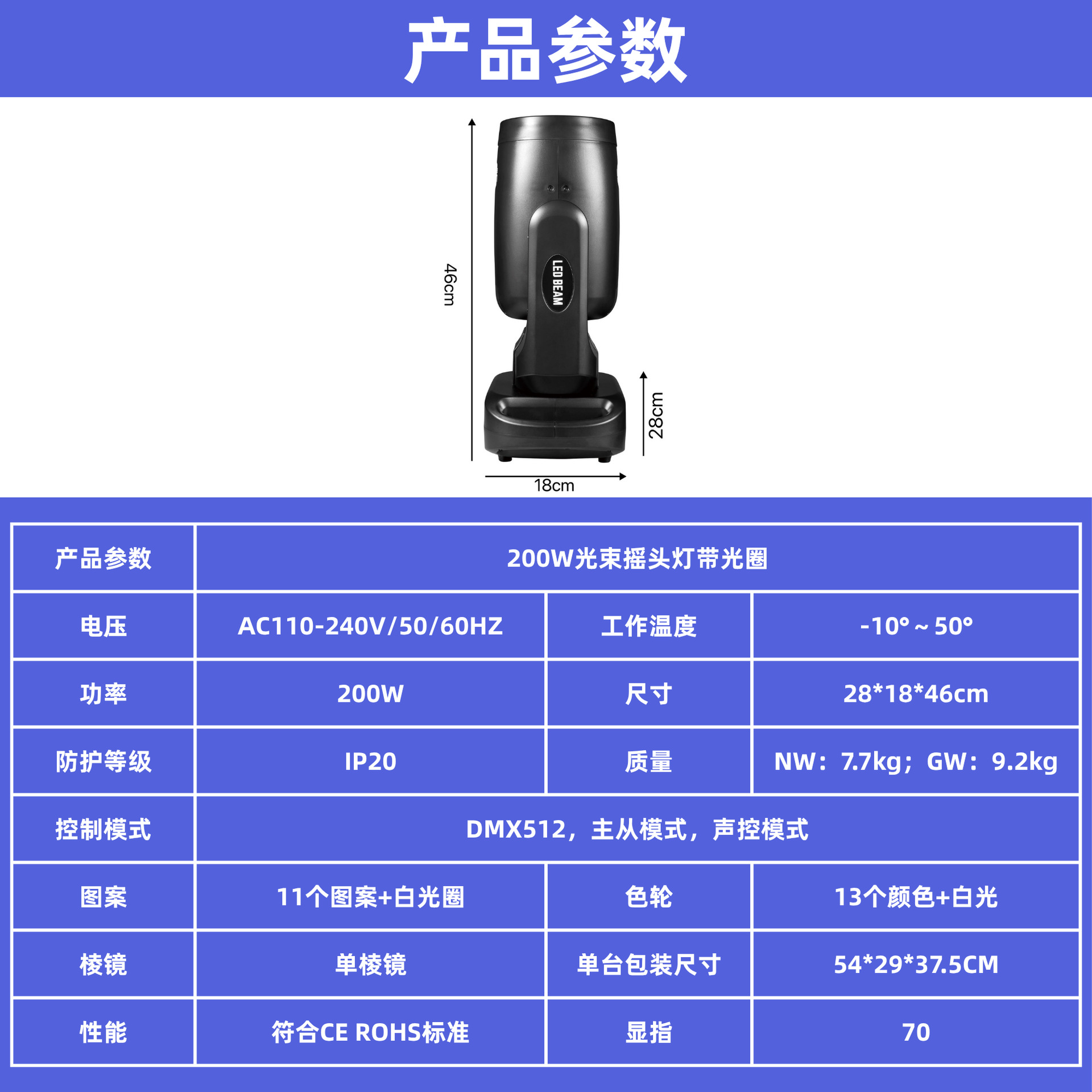 Cross-border best-selling LED200W module beam moving head light with aperture, seven-color rotating pattern light, KTV, bar, wedding performance, banquet hall, professional stage engineering, atmosphere special effects, stage lighting equipment Specification drawing
