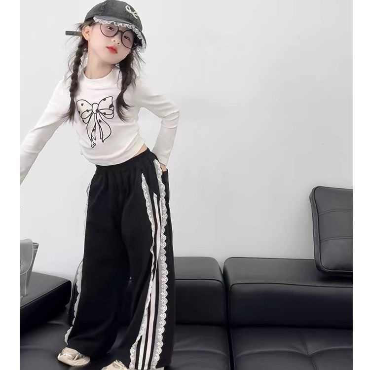 Girls' long-sleeved T-shirt 2025 new set for children's autumn top, stylish bow base layer, wide-leg pants details Picture