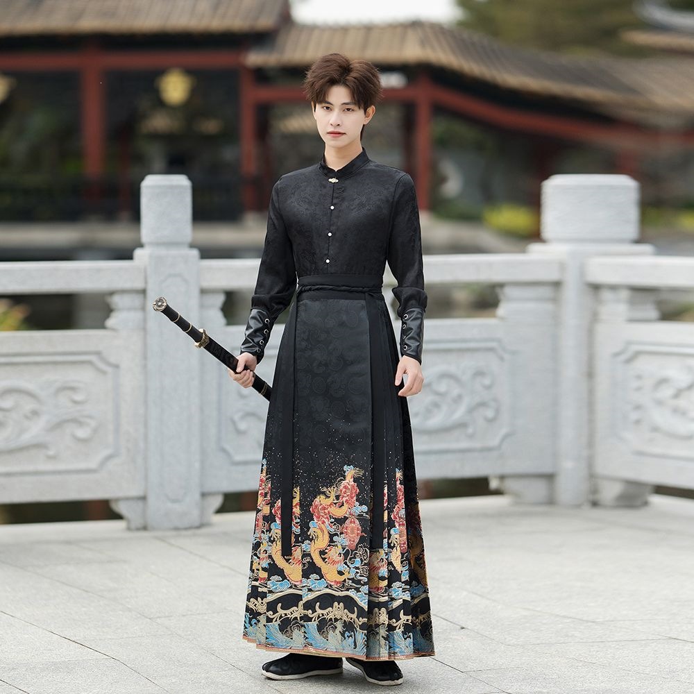 A large-sized traditional Hanfu men's adult student class uniform with a Chinese trend and ancient style, featuring a brocade horse face skirt set Item Picture