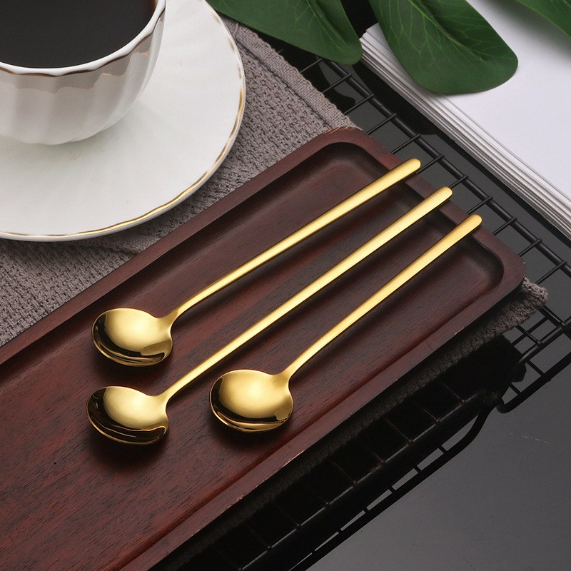 不锈钢新款小圆勺长柄勺子咖啡勺冰勺高颜值家用伴手礼批发勺金色