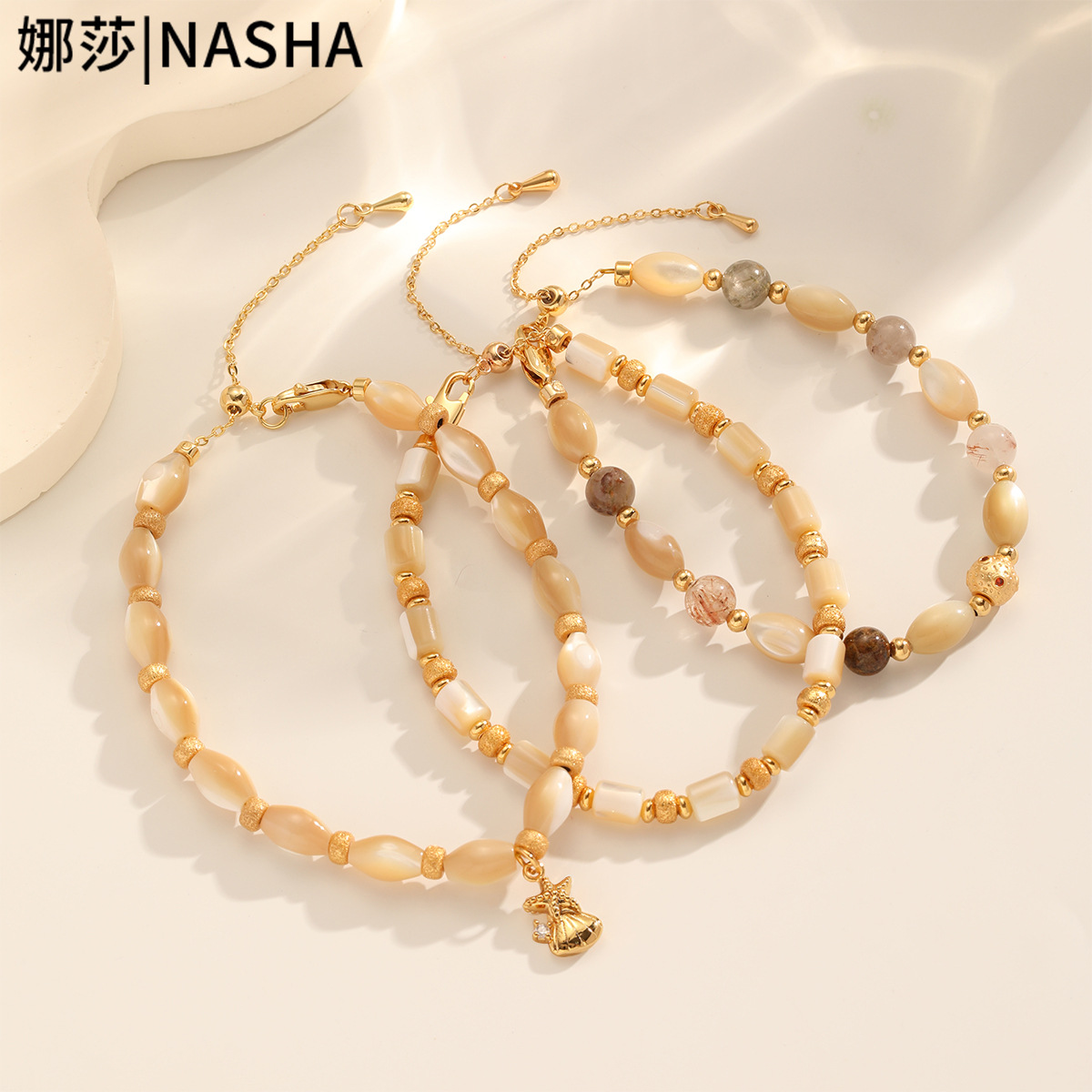 Nasha Cross-border Exclusive white Pearl simple and elegant bracelet for women, unique, niche and high-end shell stone gilt bracelet