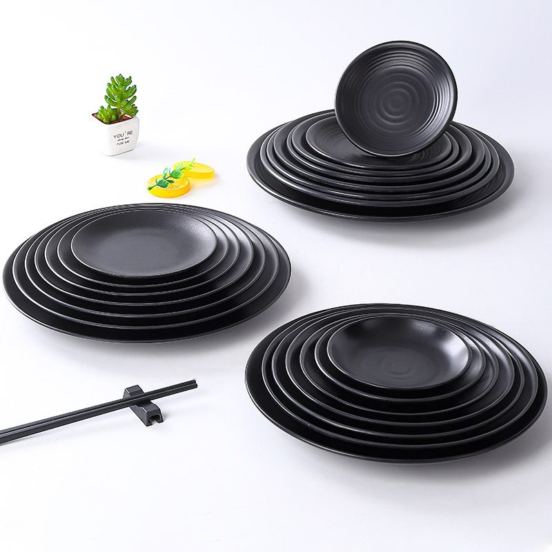 Melamine tableware, commercial black round plates, bar snack plates, restaurant plates, bone plates, vegetable plates, shallow plates, fast food, rice bowls with toppings details Picture