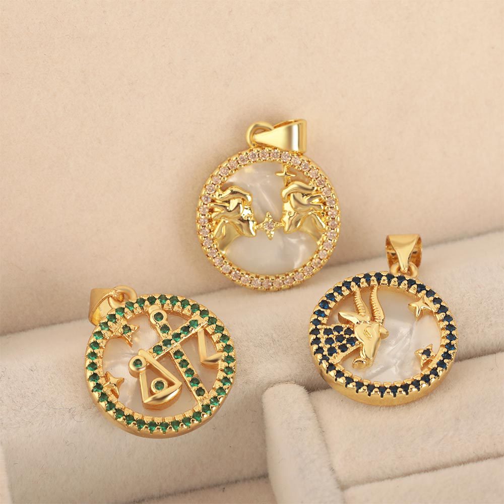 跨境货源爆品18k铜镀真金圆形微镶钻贝壳吊坠欧美流行12星座项饰