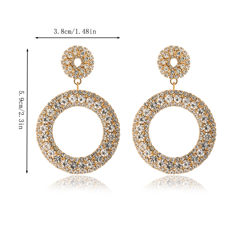 The manufacturer's supply of personalized and exaggerated round pendant rhinestone earrings for women, geometric shape luxurious and shiny diamond-encrusted pendant earrings long and elegant for women Specification drawing