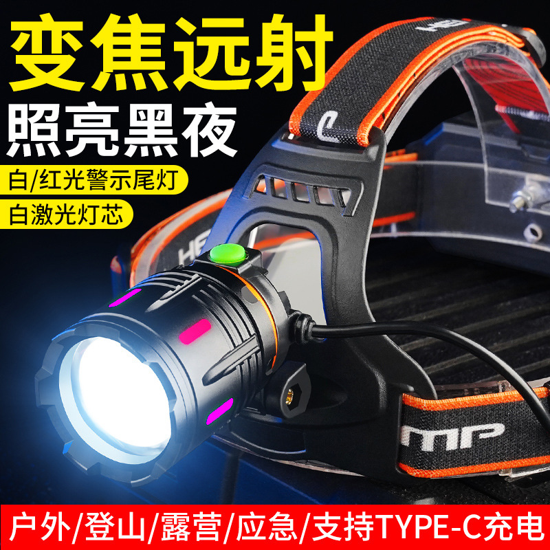 New head-mounted strong headlight, ultra-long battery life, zoom, night fishing dedicated head-mounted lighting, bicycle light, high-brightness laser headlight details Picture