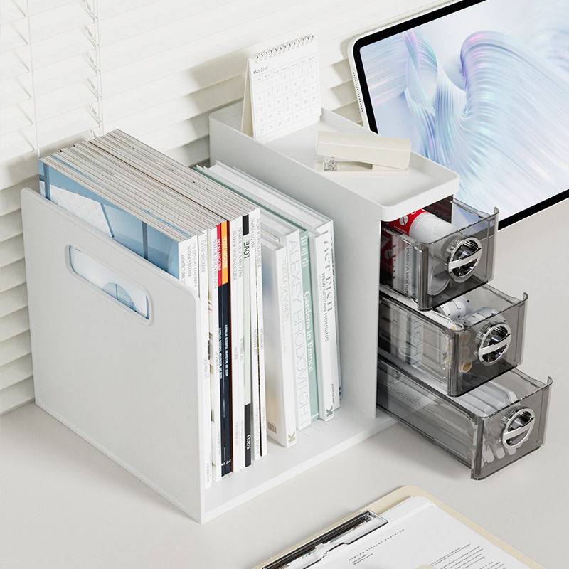 Desktop storage box, drawer-type pen holder, multi-functional bookstand for dormitory, book shelving, office desk file rack details Picture
