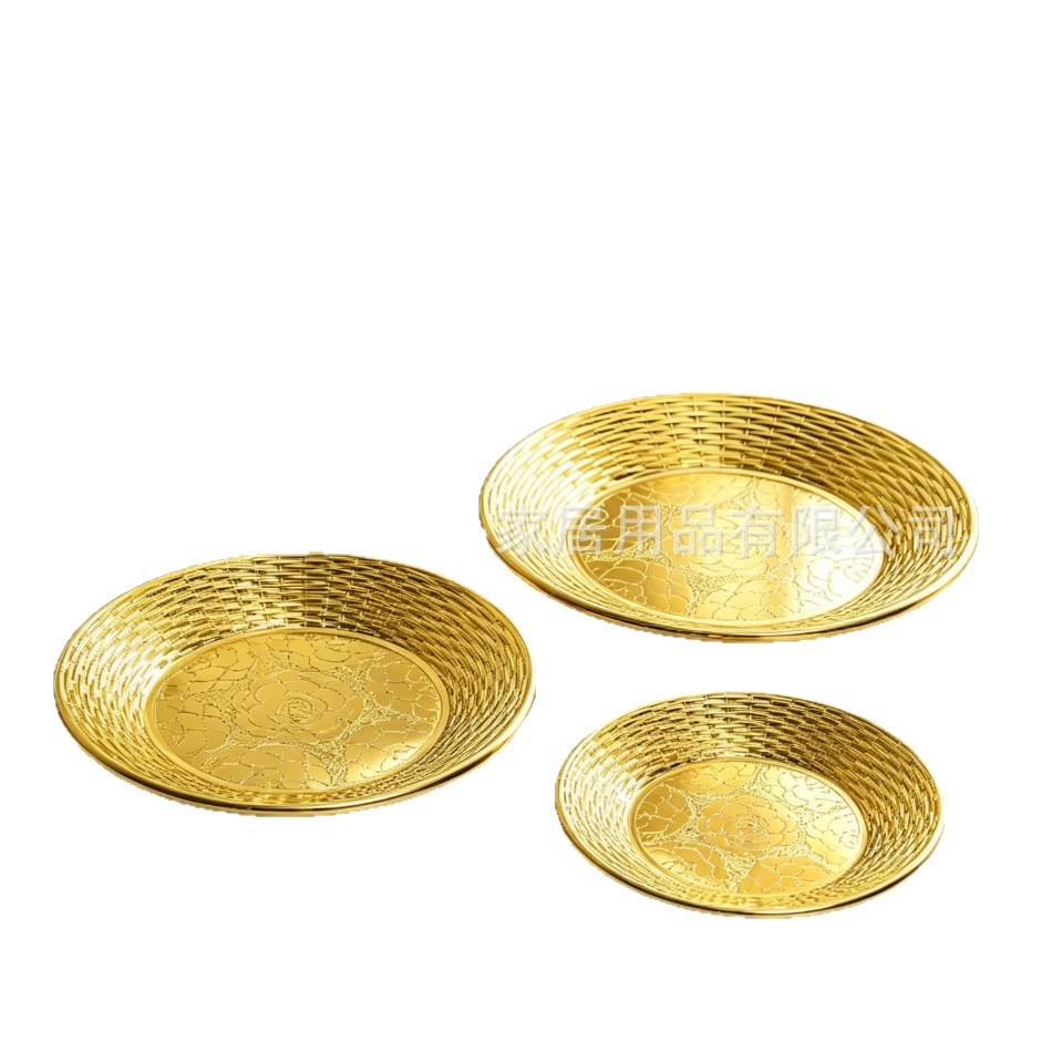 Light luxury golden plating disk, rose woven pattern fruit plate, household living room tea and snack plate wholesale Item Picture