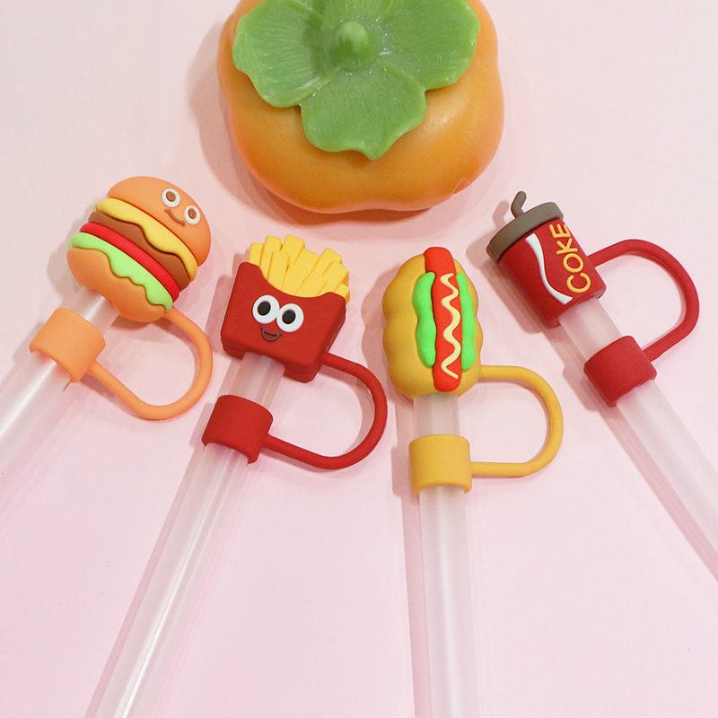Cartoon soft rubber food series straw cap, large diameter 10mm, cute and novel cola French fries straw stopper straw cover Specification image