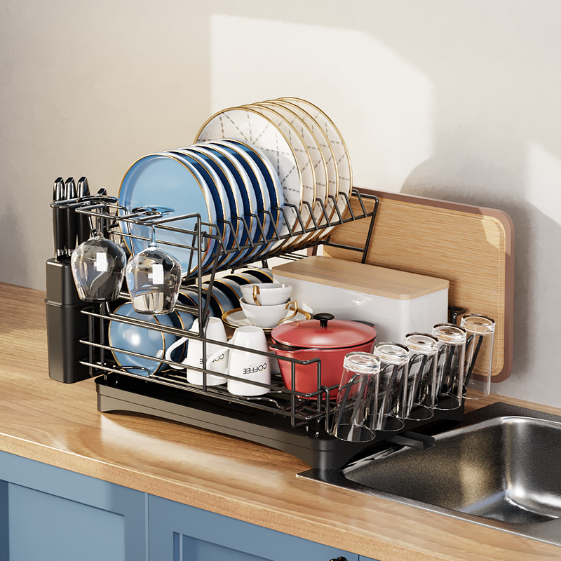 Cross-border Amazon bowl and plate draining rack, double-layer multi-functional bowl and chopstick storage rack, household kitchen water cup storage rack